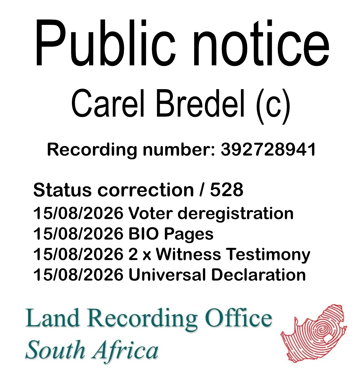 Public notice Carel Bredel Recording number 392728941